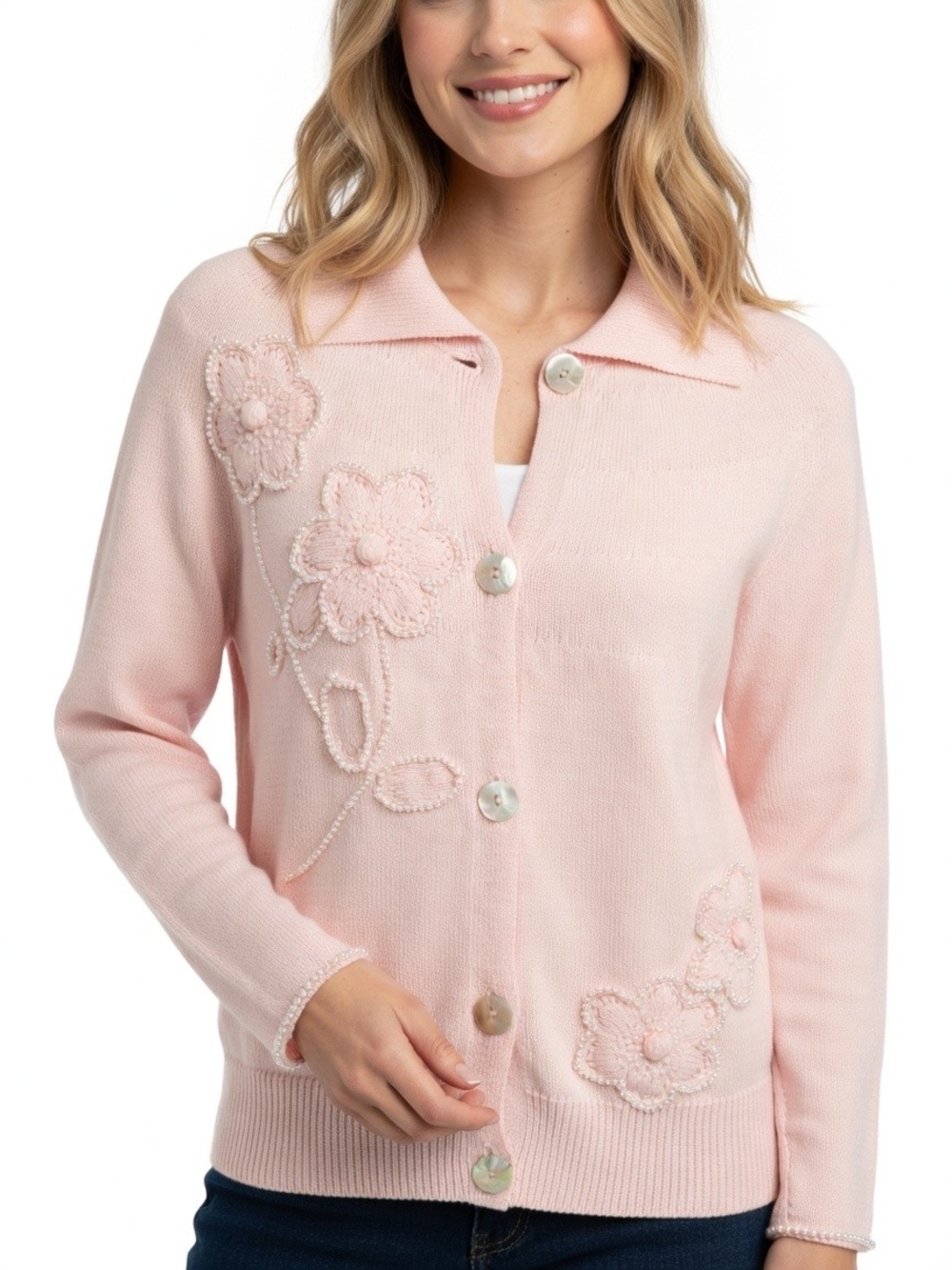 Kasper Soft Pink Floral Bead Embellished Button-Up Cotton Cardigan Sweater